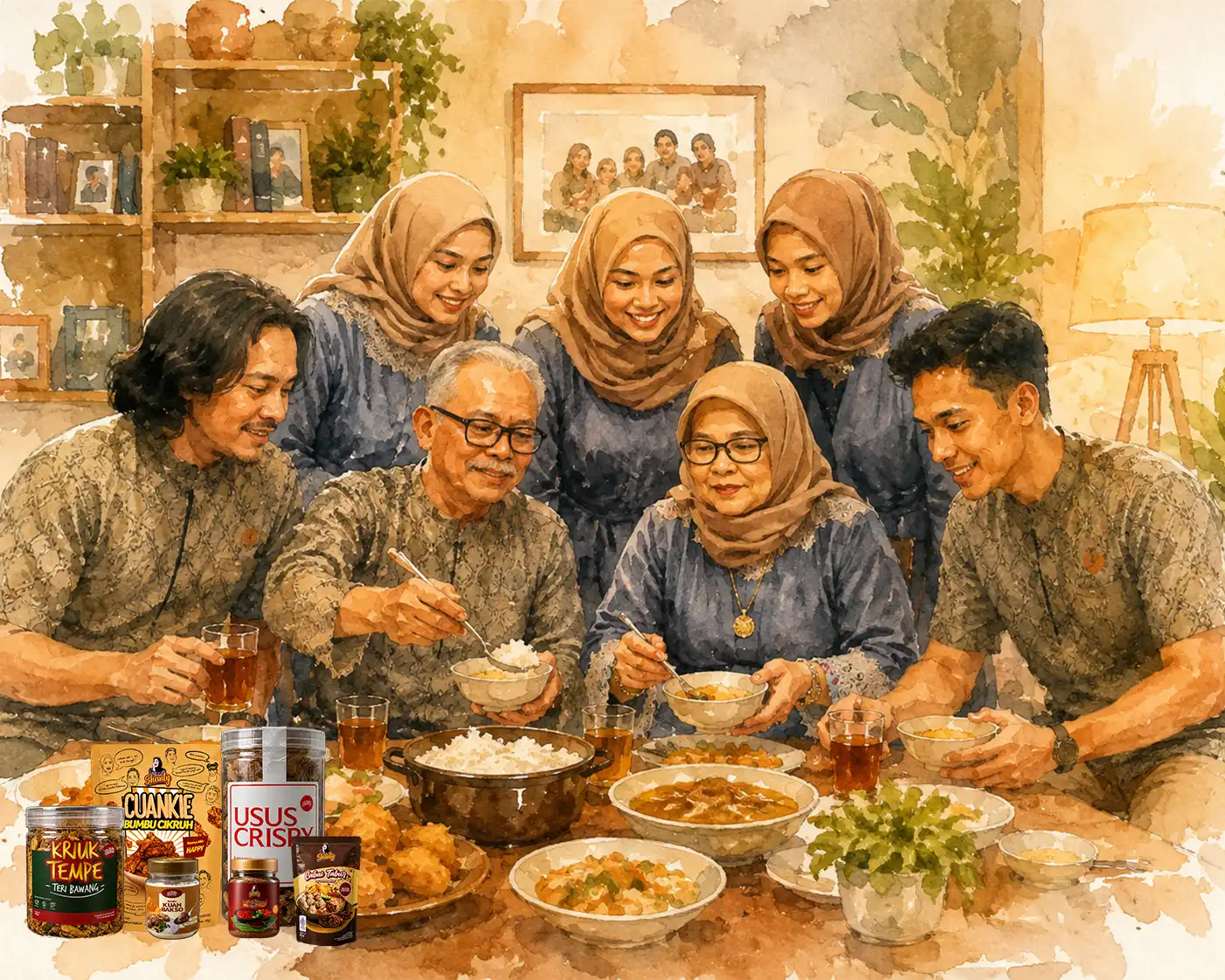 Ilustrasi watercolor menikmati produk TehShanty di meja makan