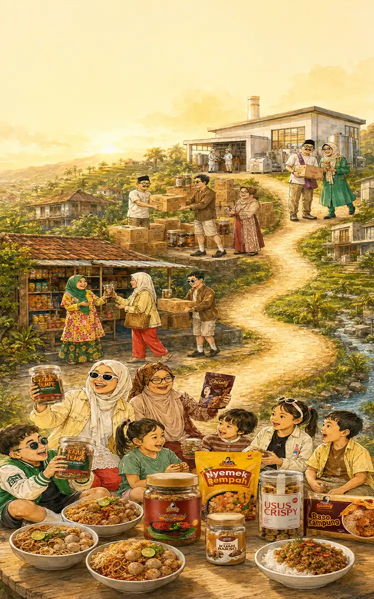Ilustrasi watercolor keluarga muda menikmati produk TehShanty