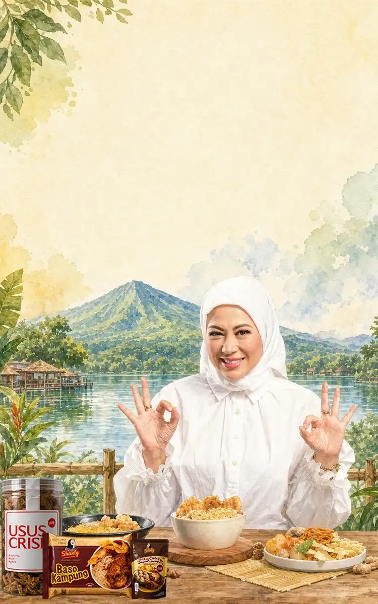 Ilustrasi watercolor wisata, pegunungan, dan kuliner khas Garut
